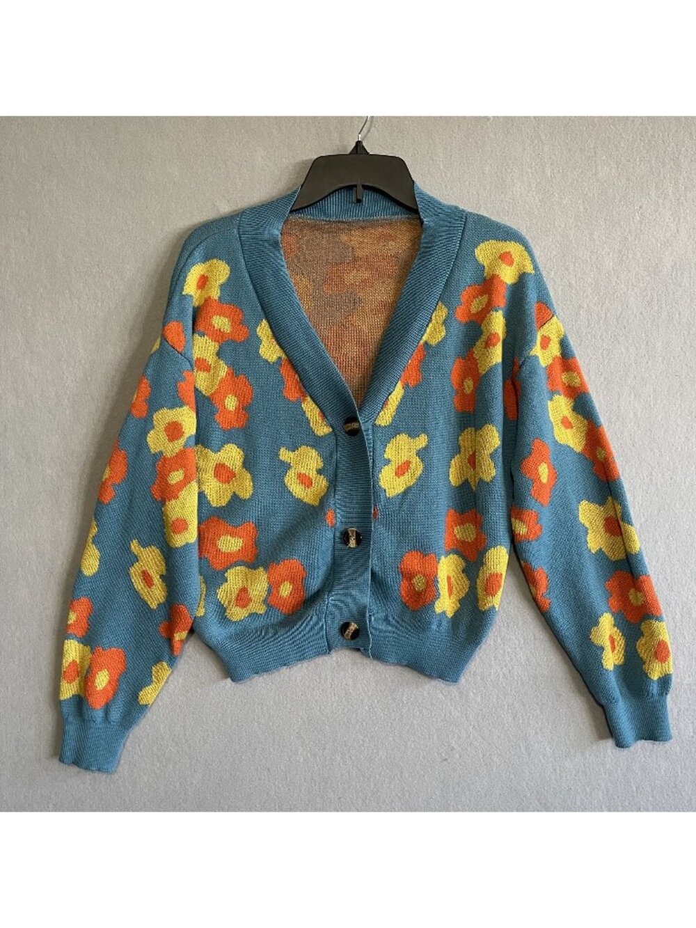 Cider Teal Knit Cardigan With Retro Orange Yellow Floral Print Button-Front S